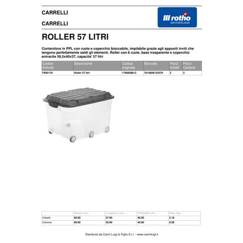Contenitore Rotho portaoggetti con coperchio e ruote nero/trasparente 57 L 59,5x40x37 cm - F600179